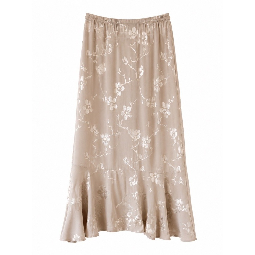 Spencer Alexis Womens Midi Skirt Beige Floral Burnout Rayon Ruffle Hem S